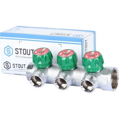 Коллектор распределительный, 1" - 1/2", 3 выхода, плоск уплот, хром Stout